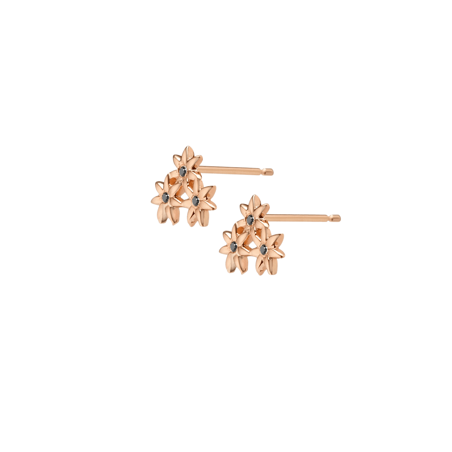 Flower Earring Stud  Rose Gold Vermeil 14k Rose Gold 18k Rose Gold Black Diamonds Half Side   Pair | Single |