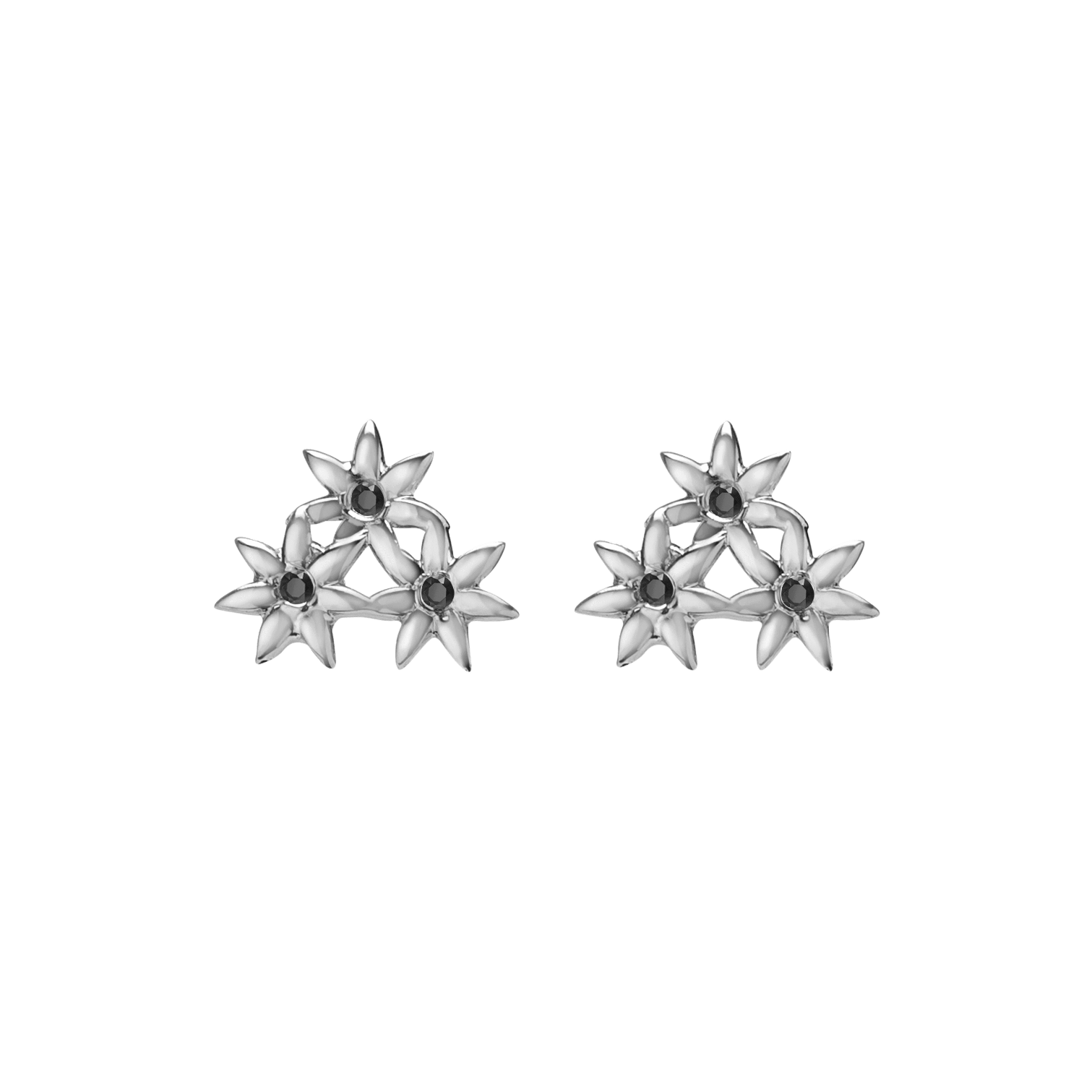Flower Earring Stud  Sterling Silver White Gold Vermeil 14k White Gold 18k White Gold Black Diamonds    Front First Pair | Single |