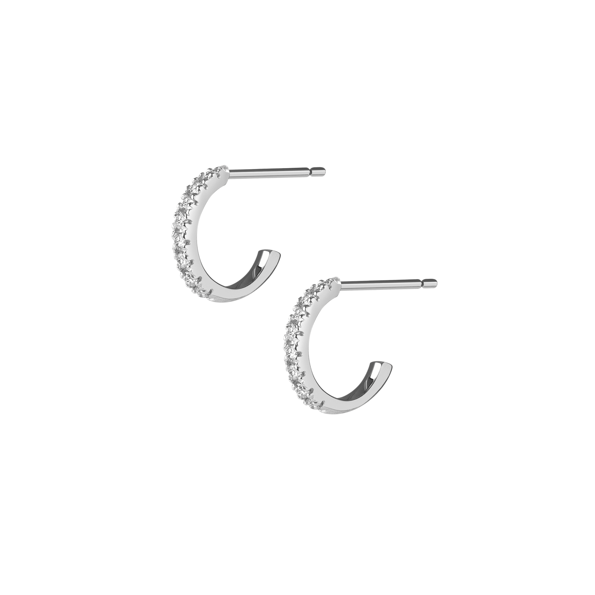 Huggie Earrings  Sterling Silver White Gold Vermeil 14k White Gold 18k White Gold White Diamonds Half Side    Front First Pair | Single |