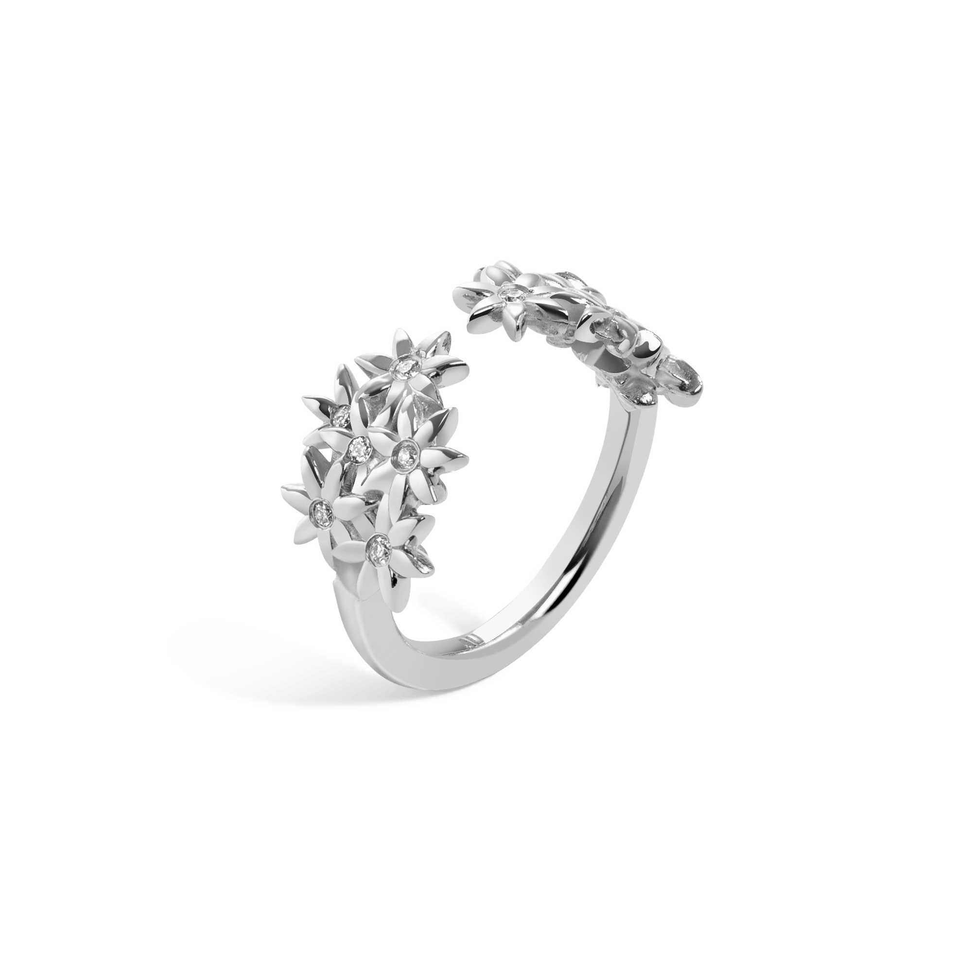 Flower Ring Open with Diamonds Sterling Silver White Gold Vermeil 14k White Gold 18k White Gold White Diamonds Half Side    Front First