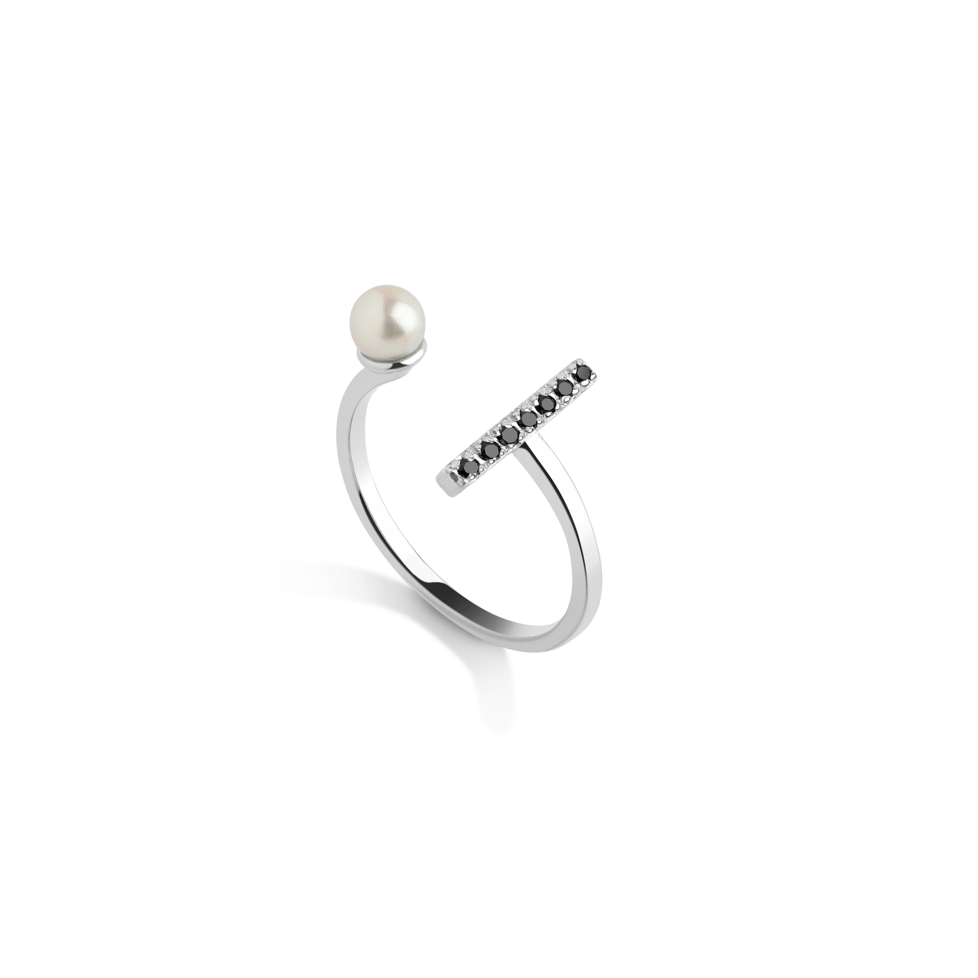 Open Pearl Ring  Sterling Silver White Gold Vermeil 14k White Gold 18k White Gold Black Diamonds Half Side